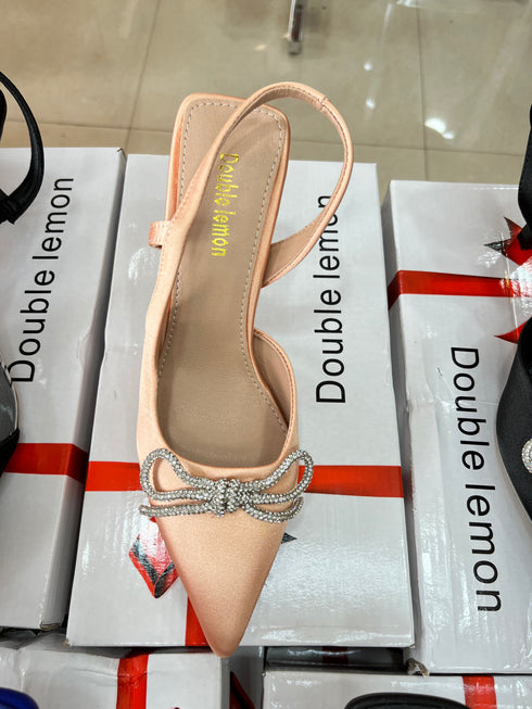 New Women Pointed Toe Butterfly Knot Crystal Pumps Flock Thin Heel